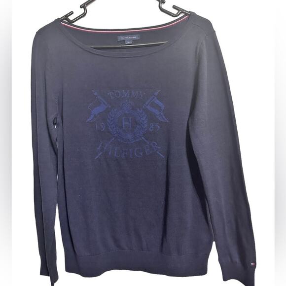 Tommy Hilfiger Logo Navy Blue Sweater 100% Cotton Women’s Medium - Picture 1 of 8